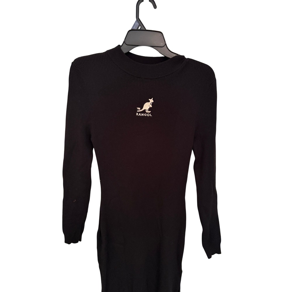 Kangol Womens Ribbed Knit Long Sleeve Mock Neck Bodycon Dress Black Logo